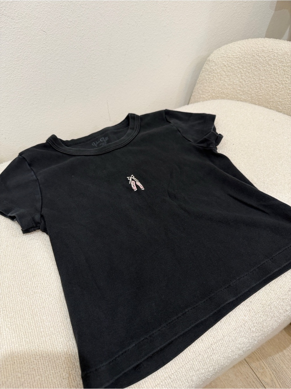 Brandy Melville Black Short Sleeve Tee with Pink Embroidered Accent